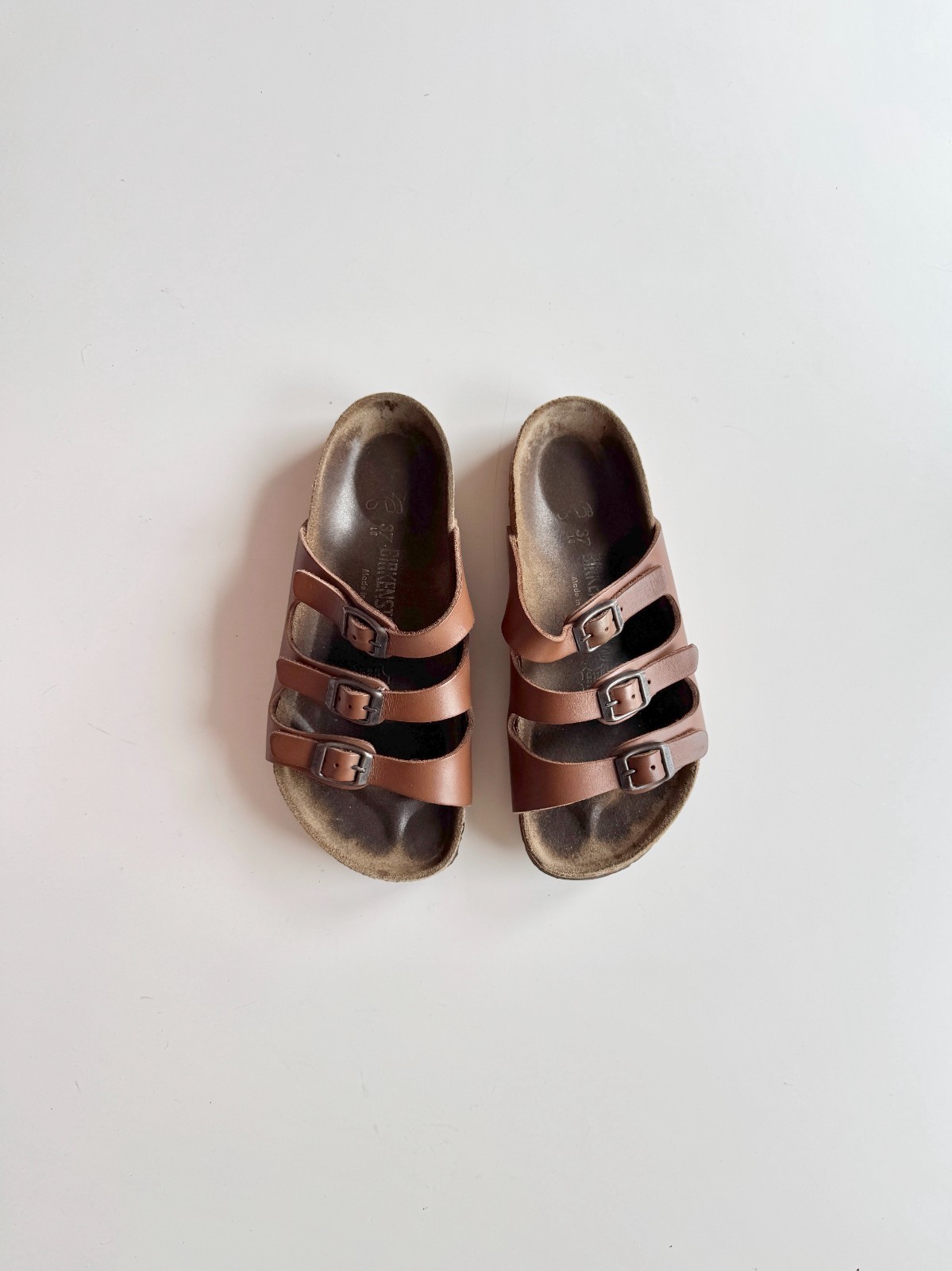 BIRKENSTOCK Florida Habana Brown Leather Triple Strap Slides Sandals, Size 37