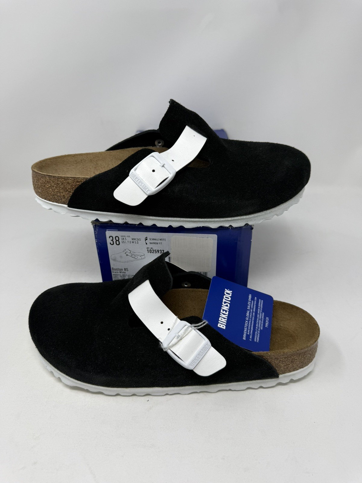 Size 7L/38EU – Birkenstock Boston Black/White Suede Classic Clog Shoe WMNS