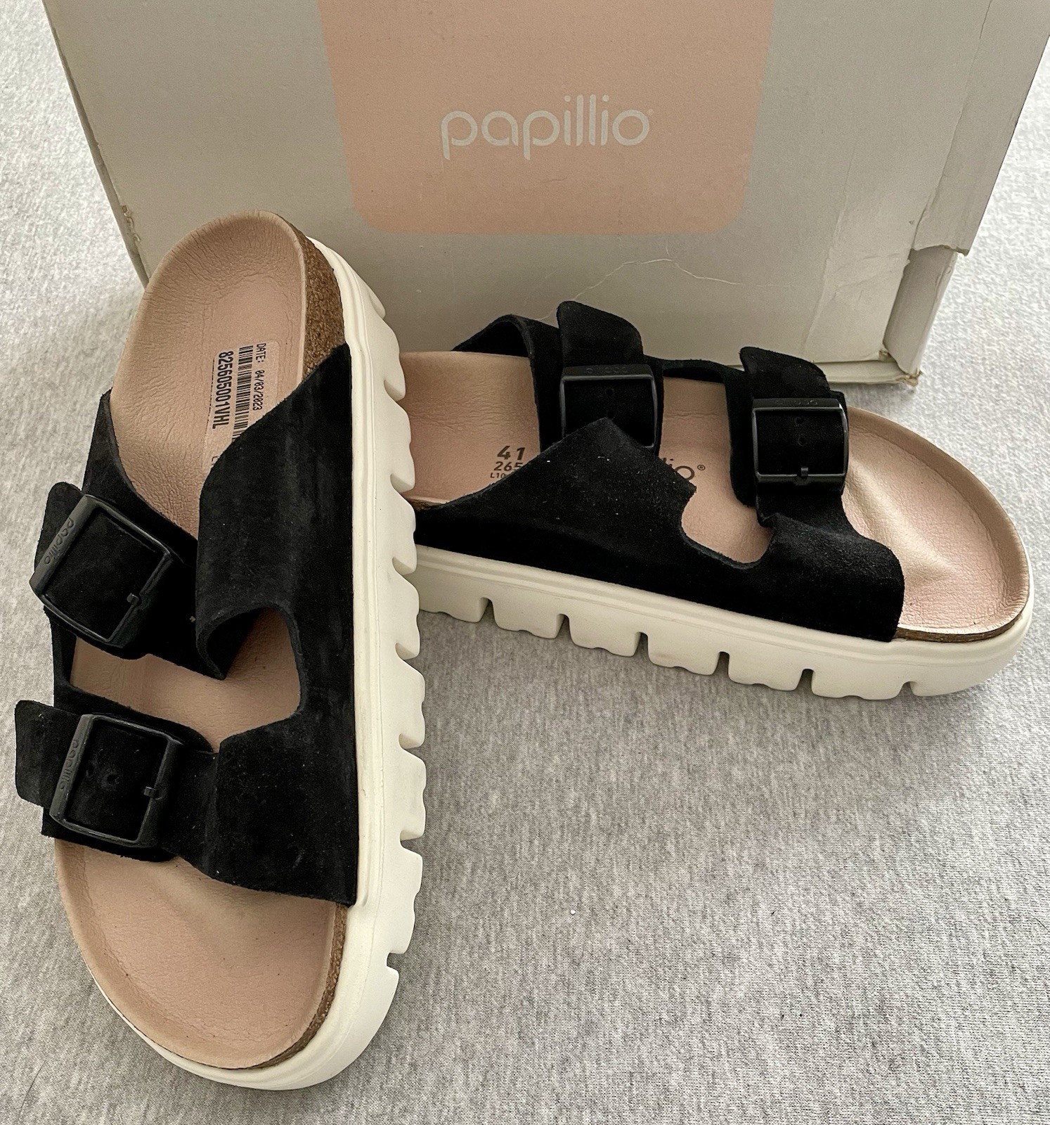 NIB Birkenstock Papillio Women’s Size 41 Chunky Suede Black Arizona Pap Sandal