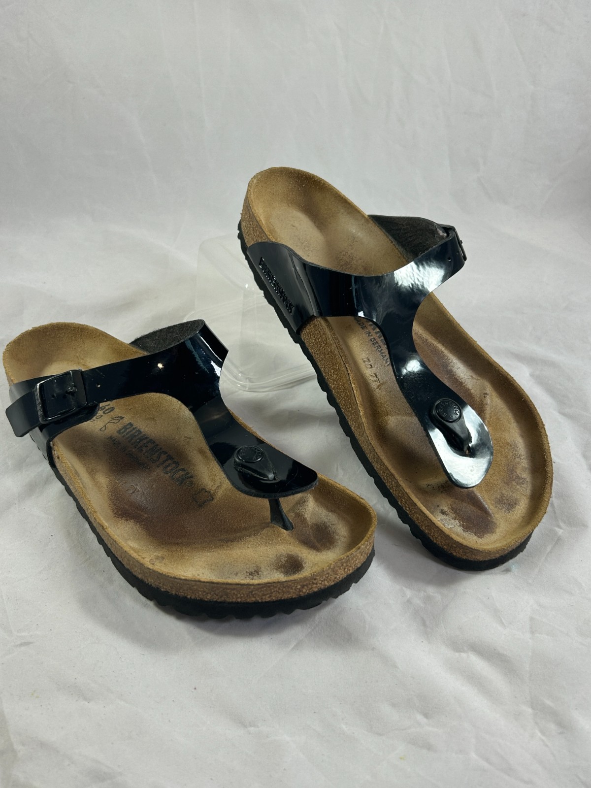 Birkenstock Gizeh Sandals Black Patent Birko Flor Thong Womens Sz 9, 40