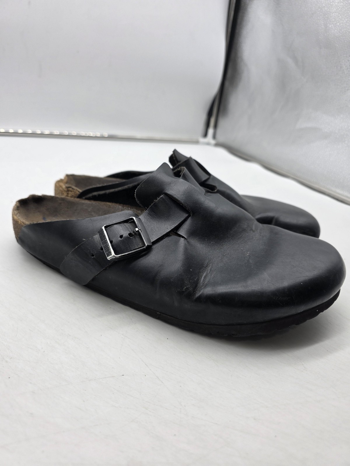 Birkenstock Boston Shoes Mens Size 8 Black Leather Slip On Clog Comfort Damage