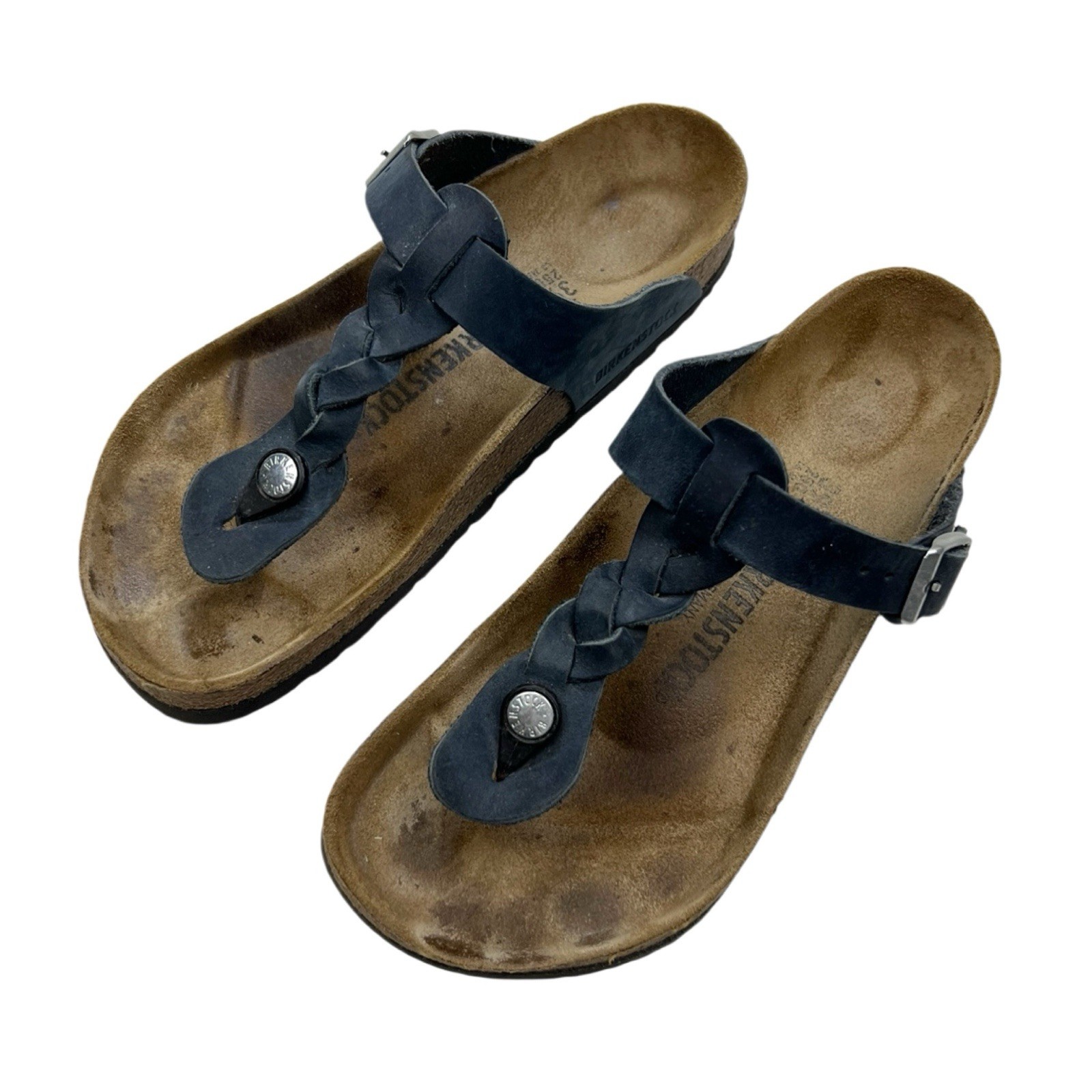 Birkenstock Gizeh Braided Leather Cork Sandals Navy Blue Size 39