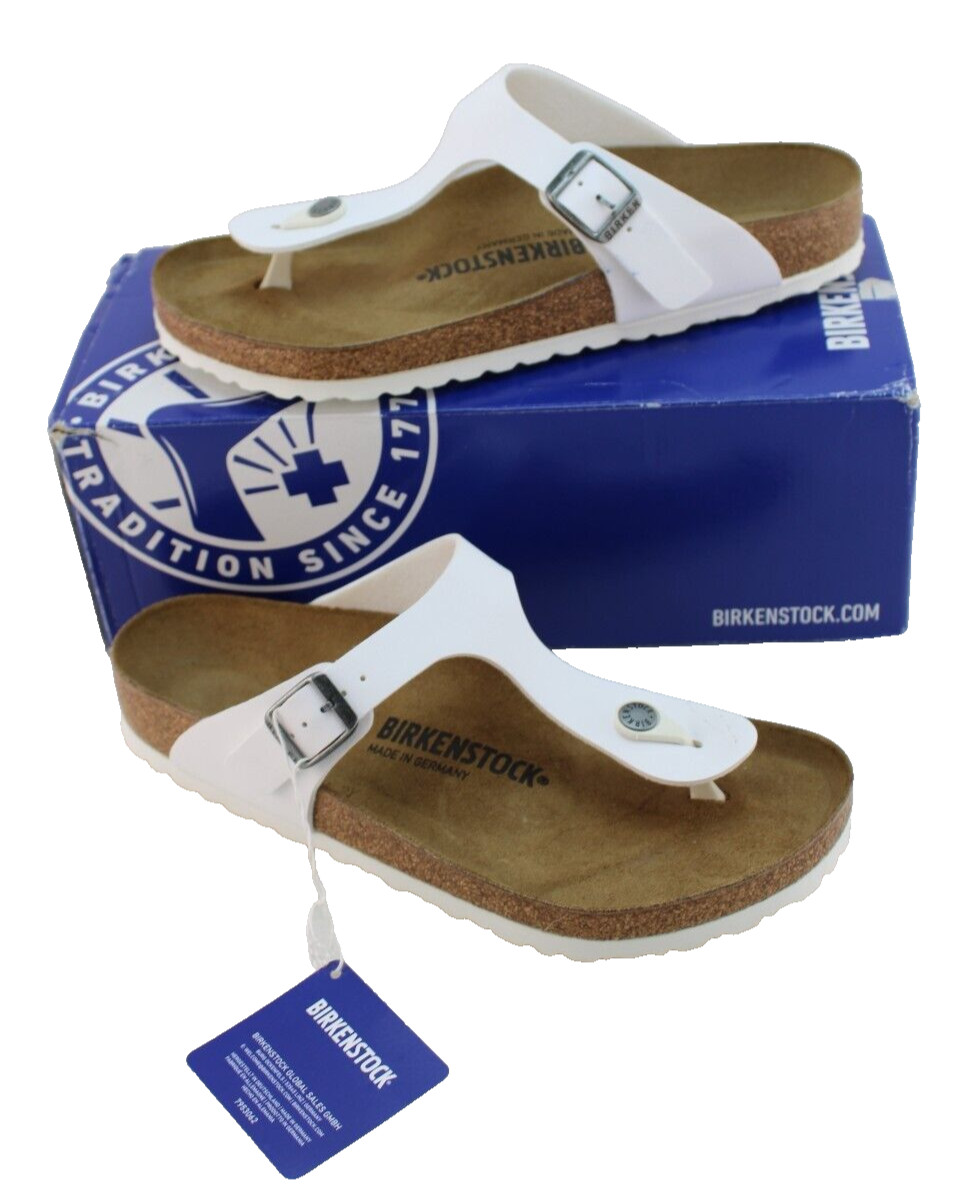New BIRKENSTOCK Gizeh Size 9 Normal Fit White Birko-Flor Leather Women Sandals