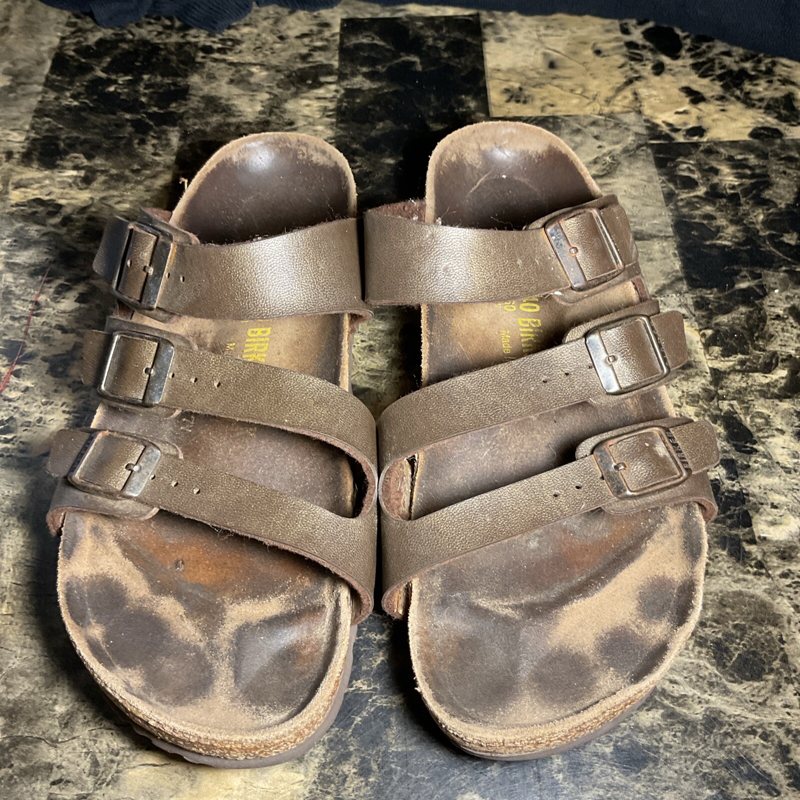 Birkenstock Florida Leather 3 Strap Slip on Sandals Cork Granola Shoes Tan 40