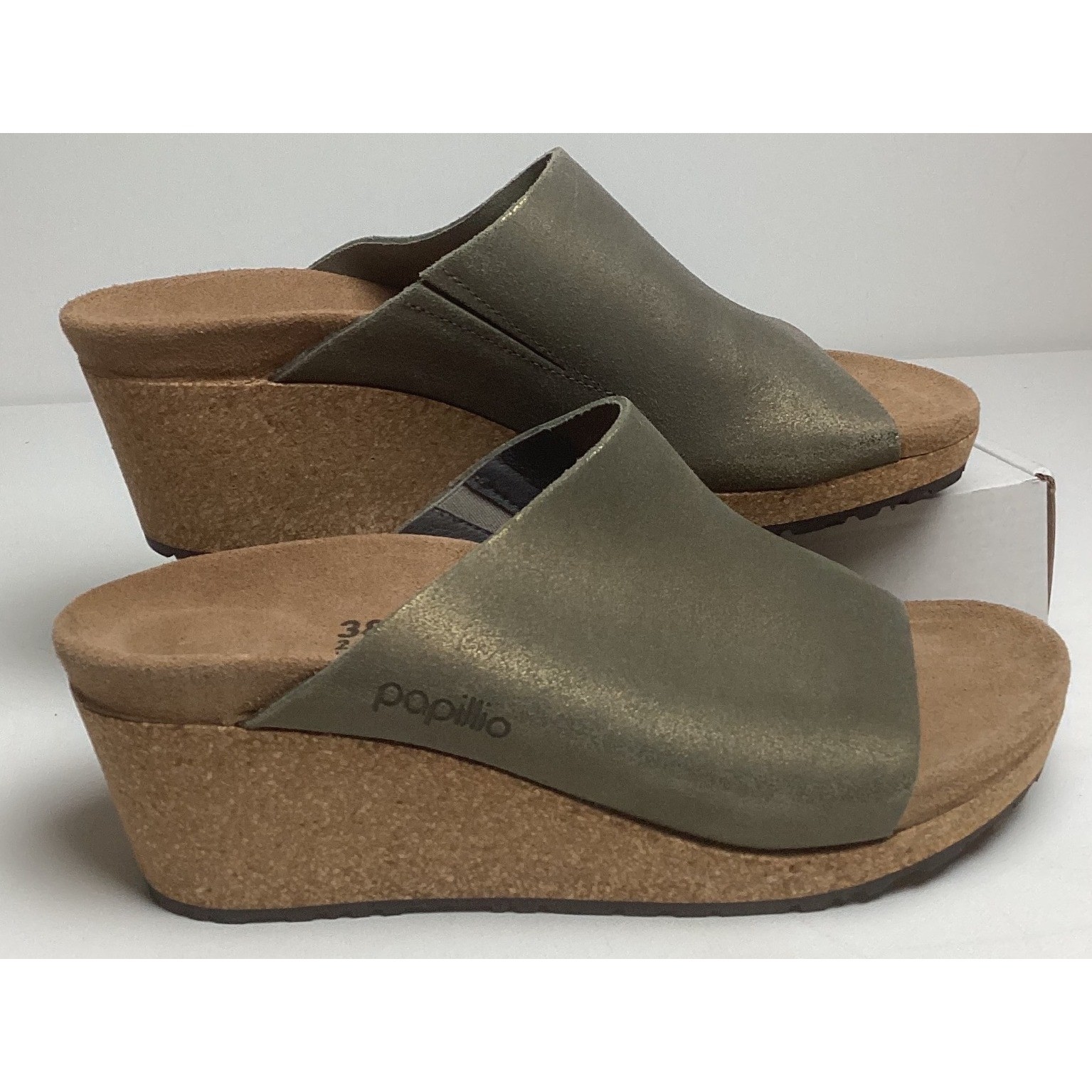 Birkenstock Papillio Wedge Slide Sandal Metallic Stone Gold Suede EU 38 US 7-7.5