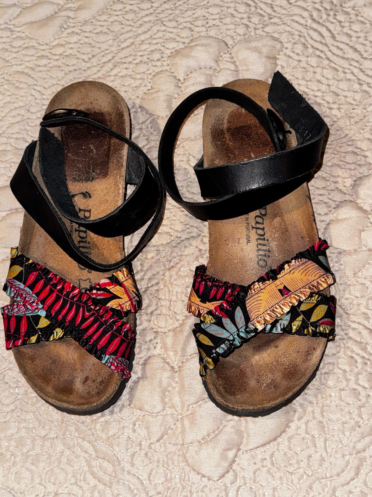 Birkenstock Papillio Women’s Sz 38 US 7 Wedge Sandals Ankle Straps Floral Ruffle