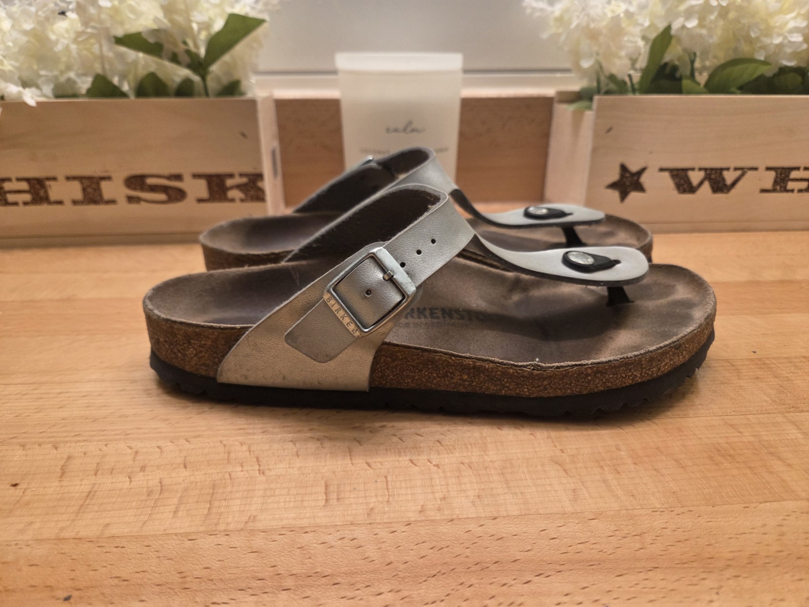 Birkenstock Gizeh Birko-Flor Thong Sandals Silver Womens Size 40