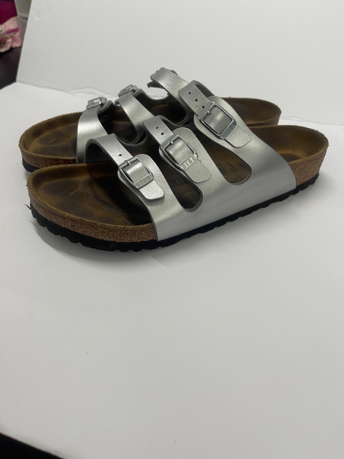 Birkenstock Florida Sandals Womens 39 (8-8.5) Triple Straps Slide Silver Leather