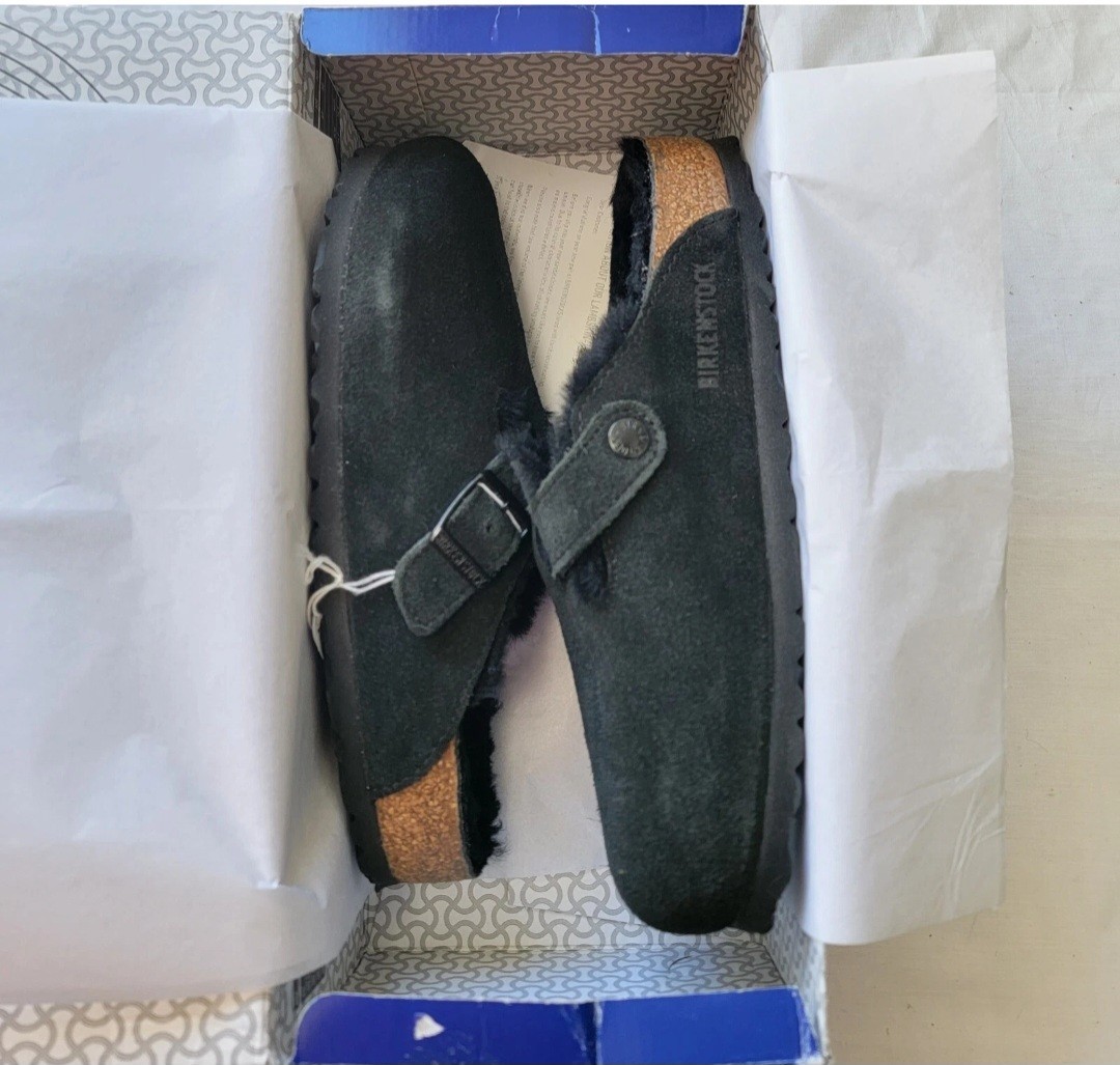 Birkenstock Boston Shearling Leather Suede  Black Color Regular Wide