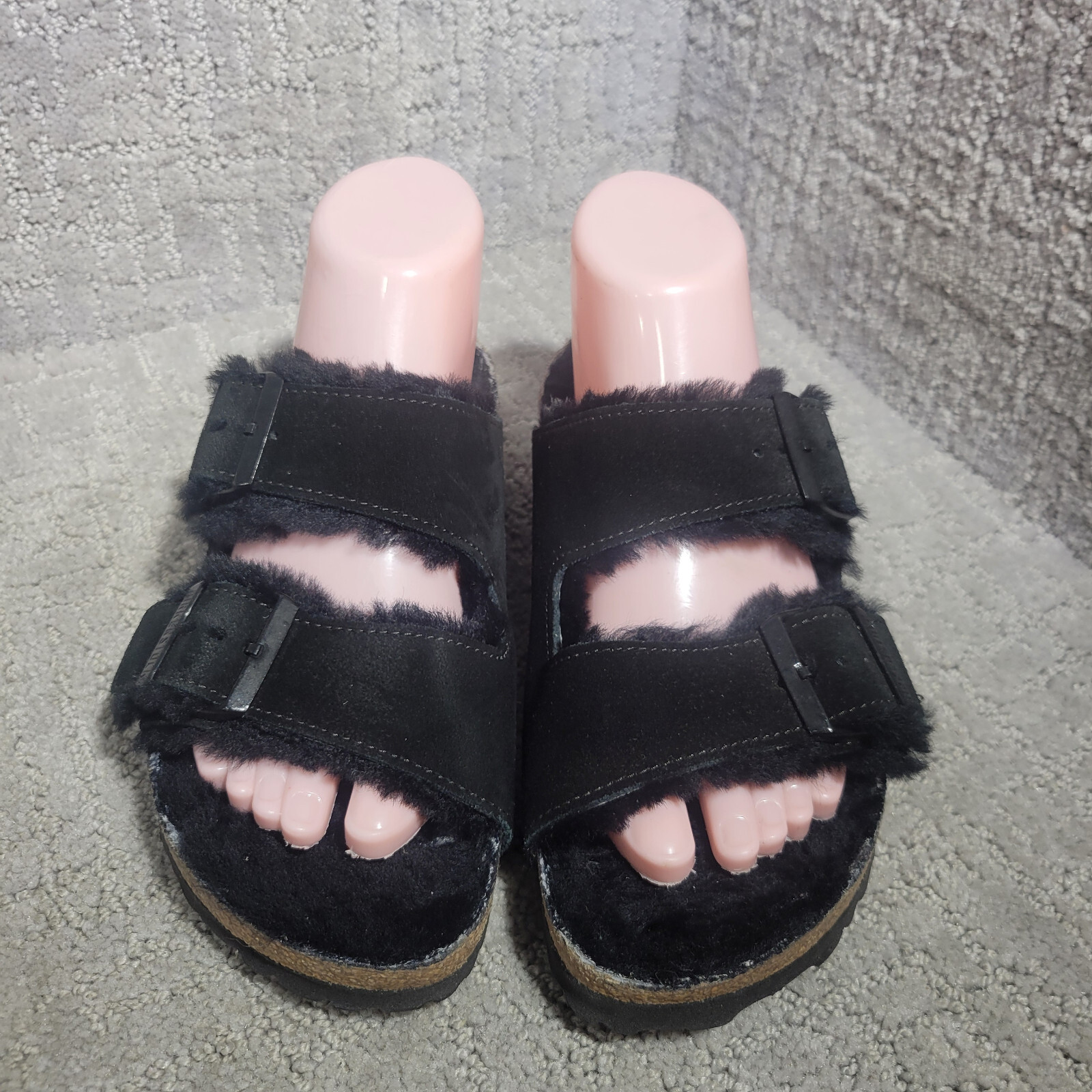 Birkenstock Arizona Shearling Size 38 L7 M5 N Black Suede Double Strap Sandals