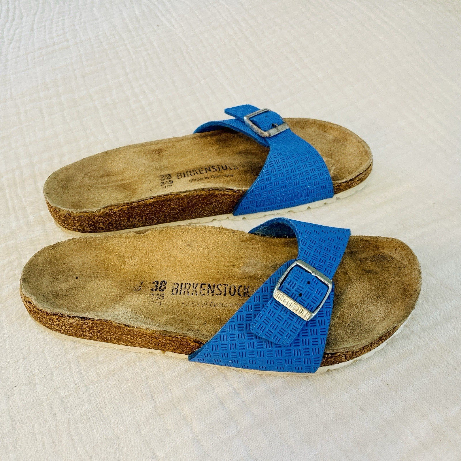 Birkenstock Madrid Rare Blue Textured Sandals Size 38 Cork Soles