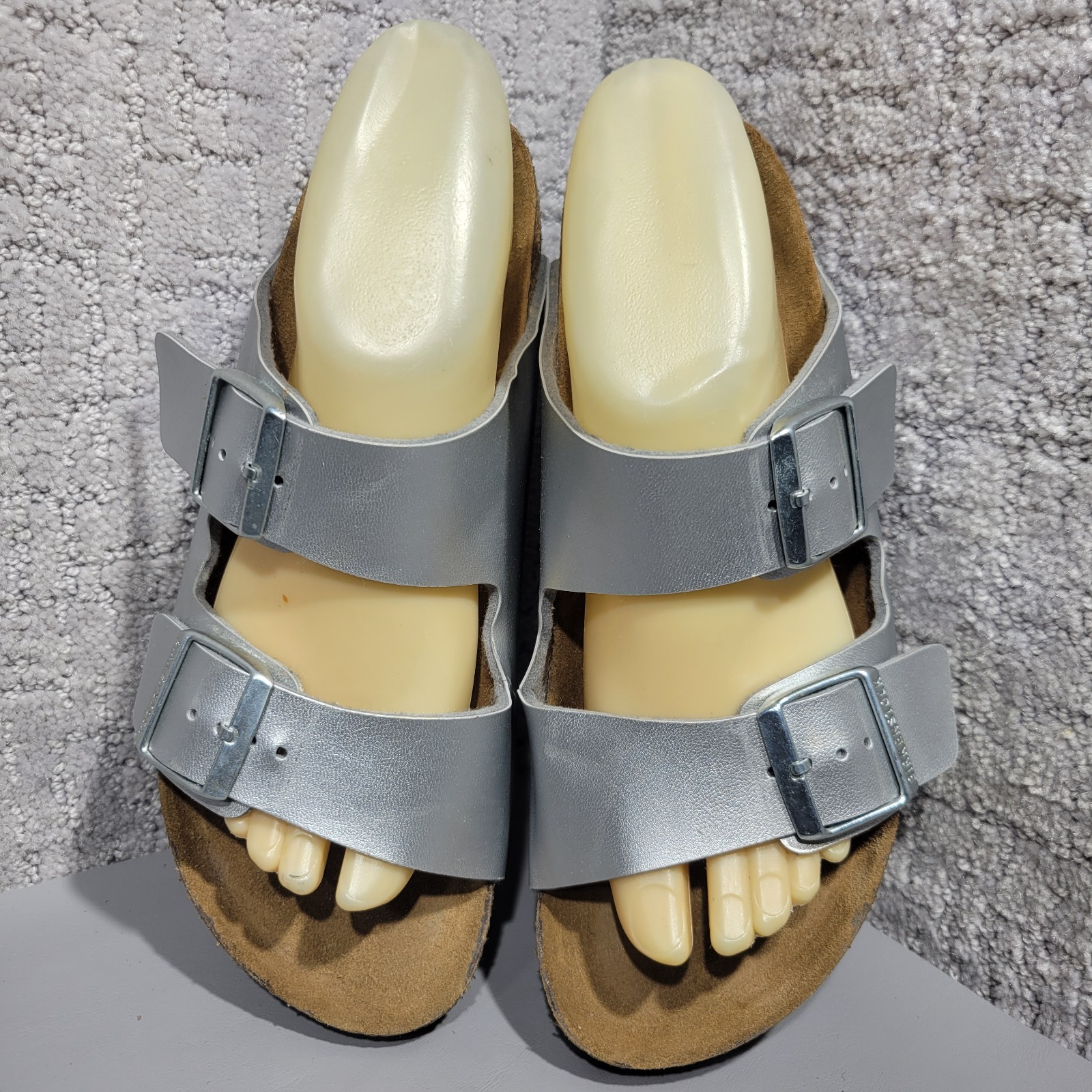 Birkenstock Arizona Soft Footbed Size 39 L8 M6 N Silver Birko Flor Double Straps