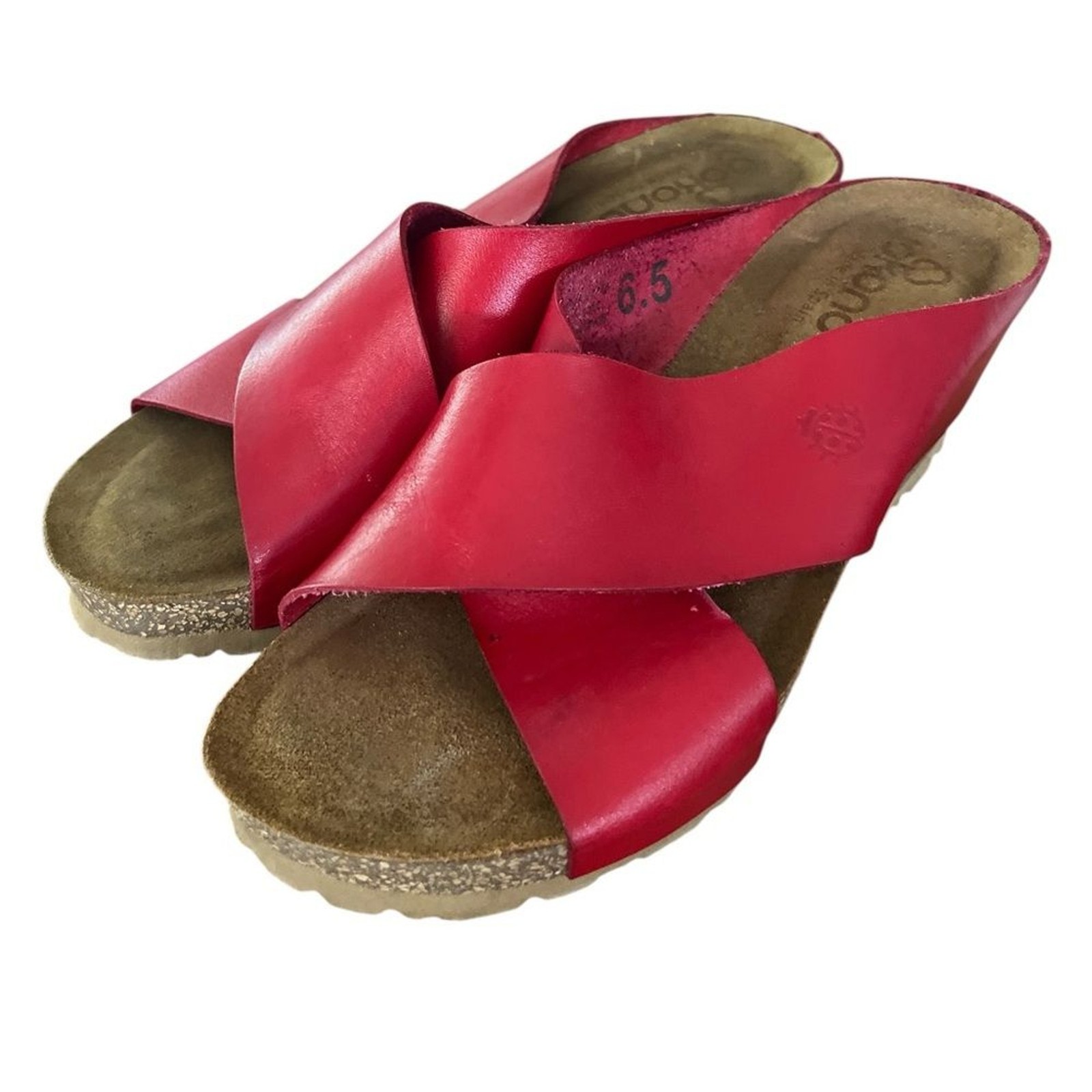 Yokono Red Leather Sandals Size 6.5 Comfort Slides Wedge Papillio