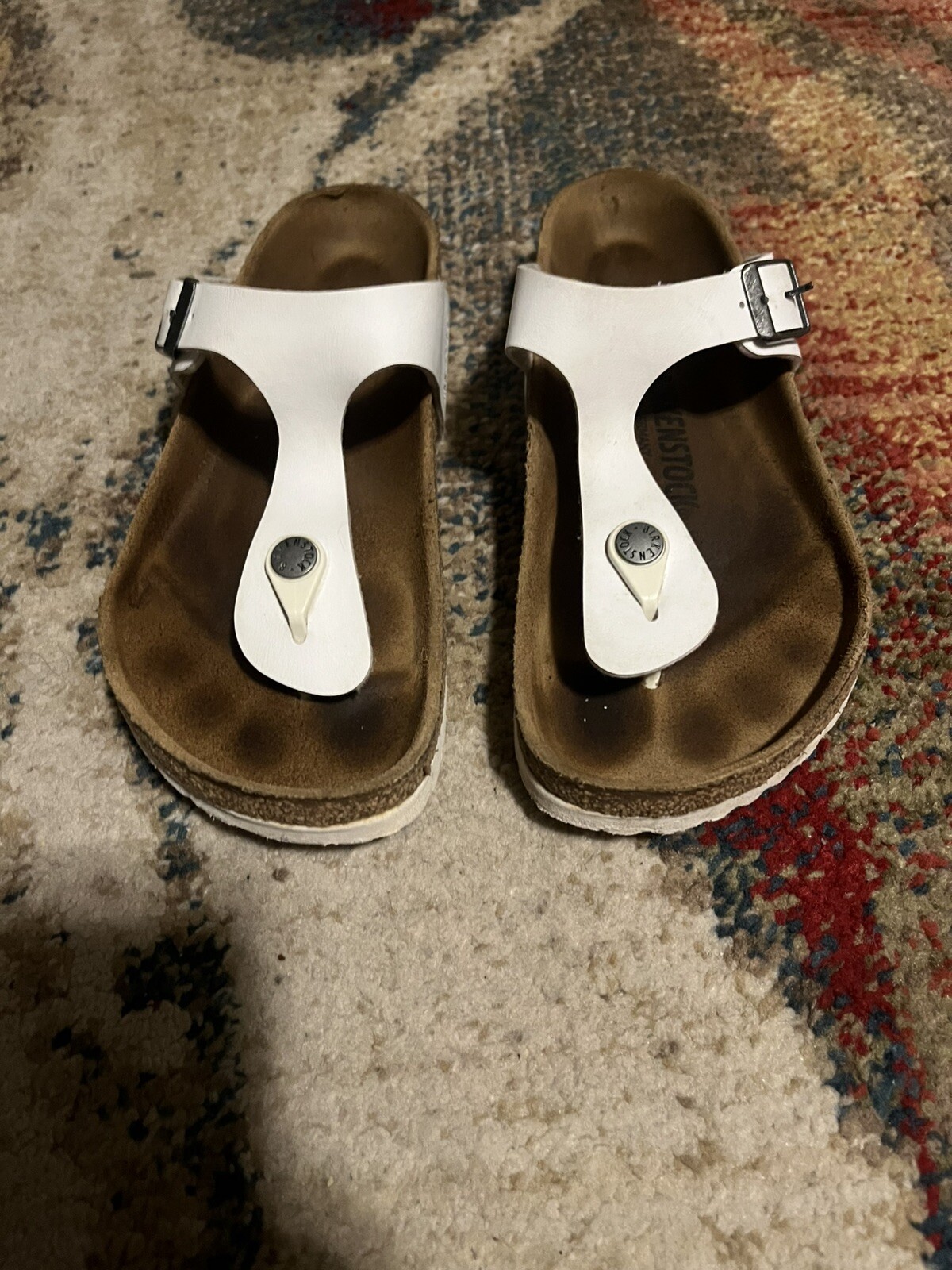 Birkenstock Gizeh Sandals Women’s EU37 White Brown Thong Shoes Birko Flor Slide