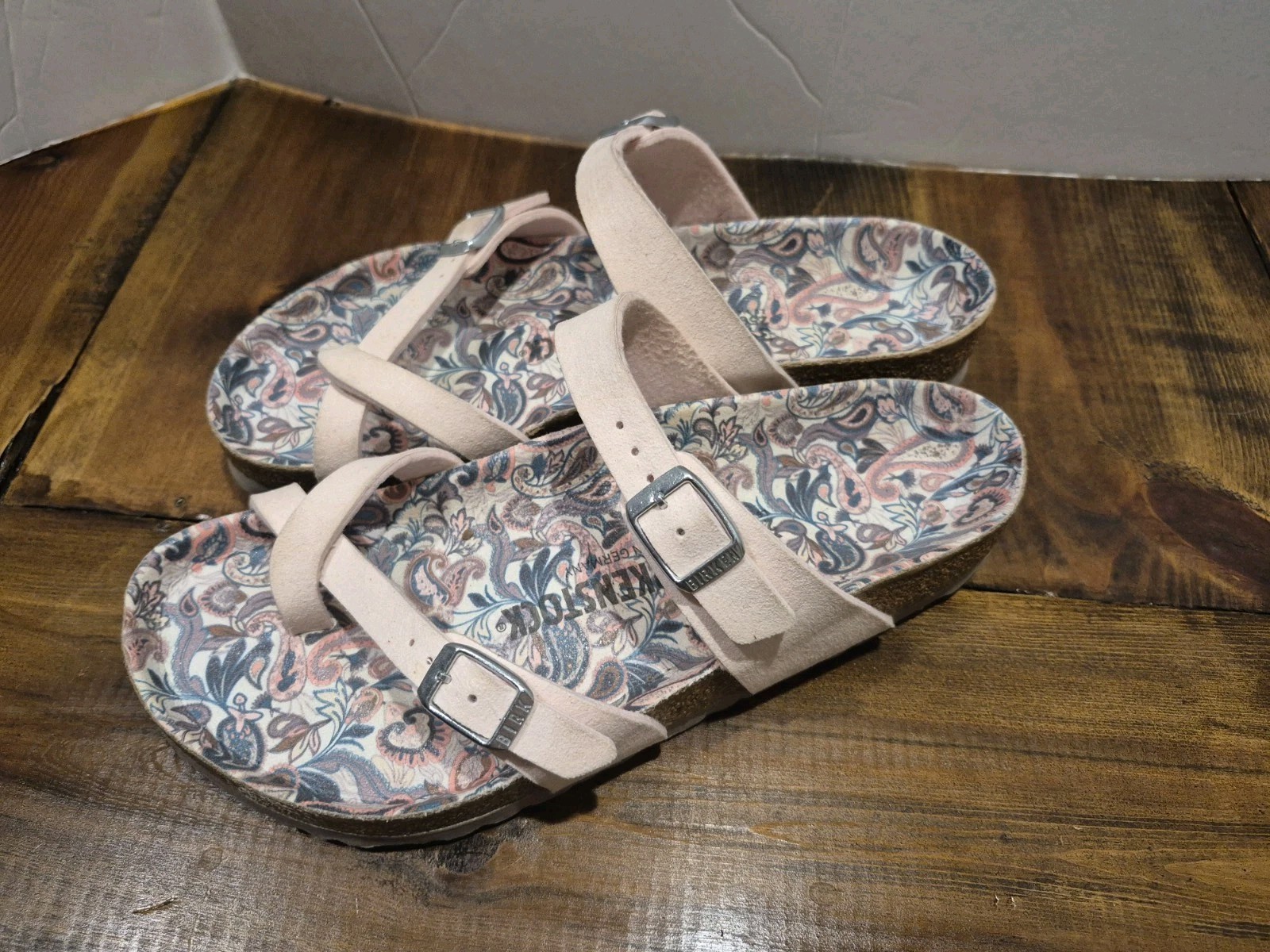 Birkenstock Mayari Vegan Sz 8 – 39 White Paisley Sandal Slip On Slide