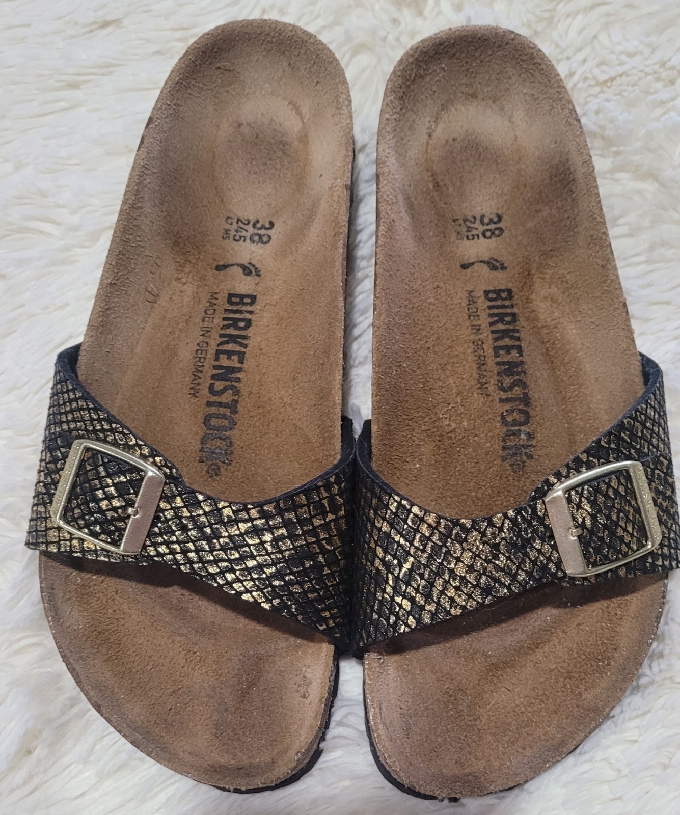 BIRKENSTOCK Madrid Womens Shiny Python Black Gold Buckles Sandals-38-245 L7M5 (S