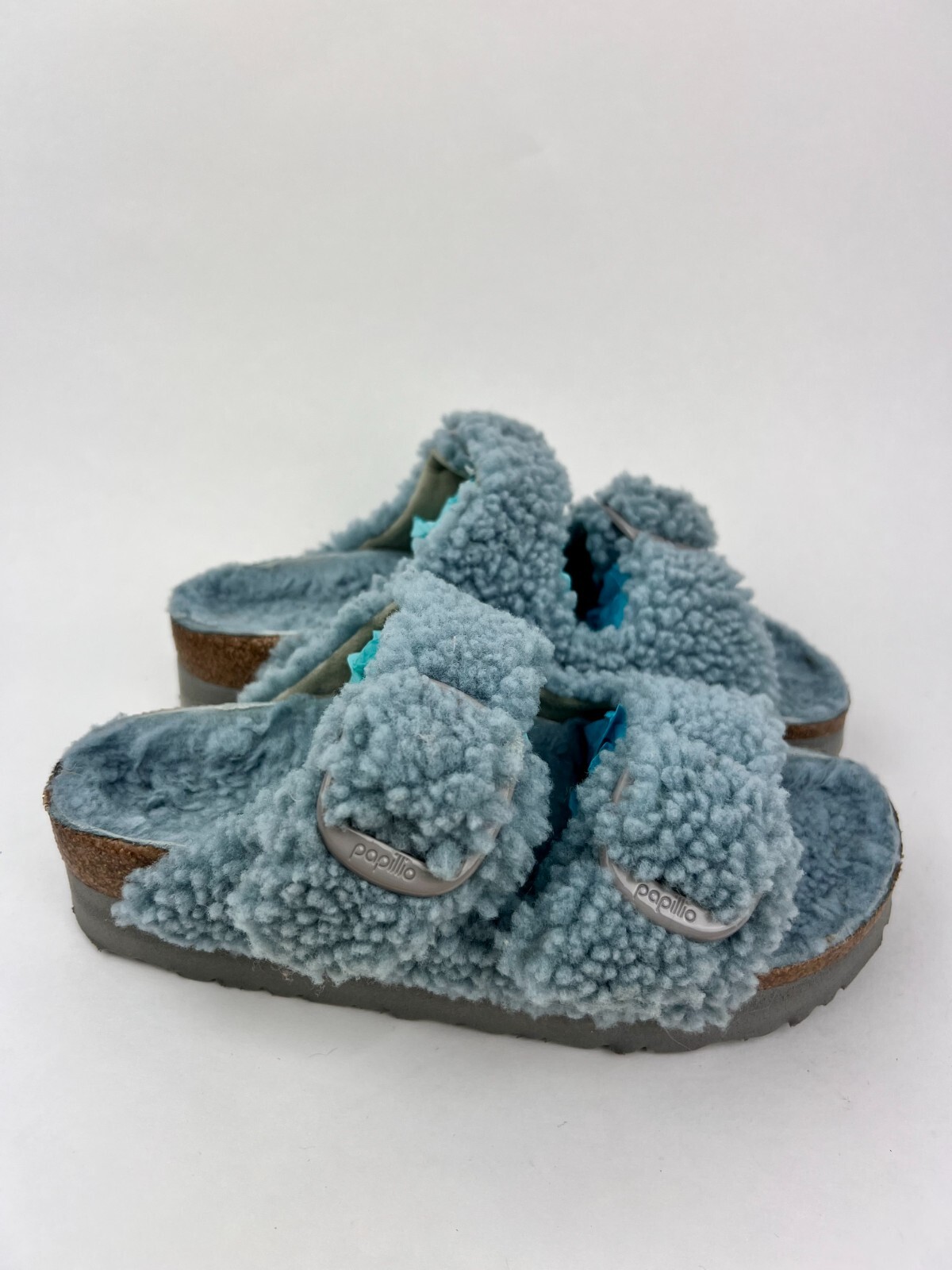 Birkenstock Papillio Big Buckle Shearling Sandal Blue Womens Size 6.5M EU 37