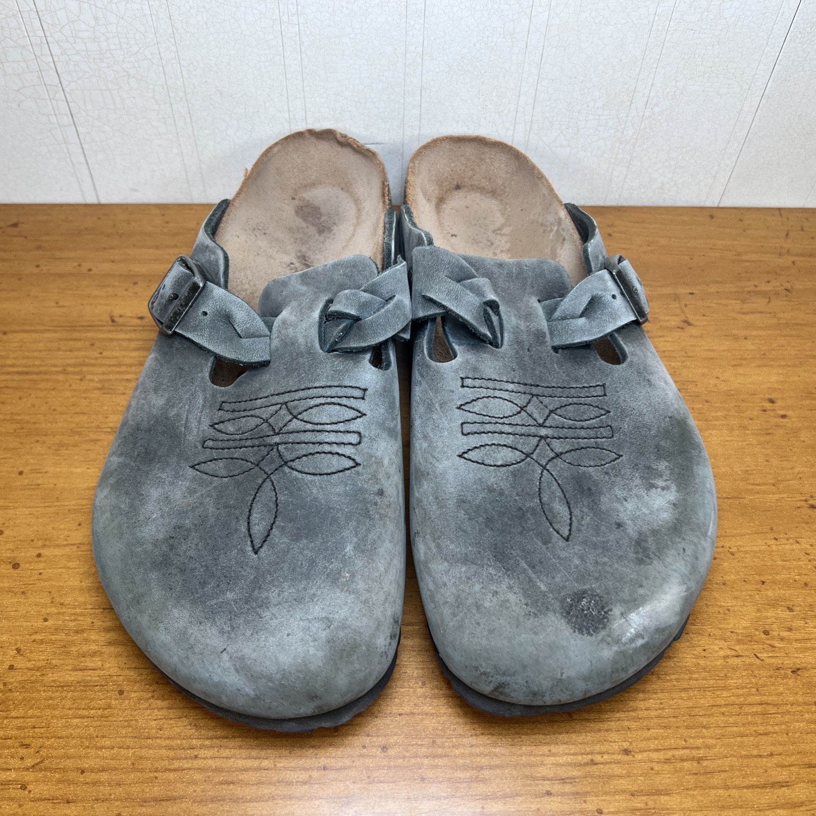 Birkenstock Boston Braid Green Leather Clogs Stitched Design Womens US 9 EU 40