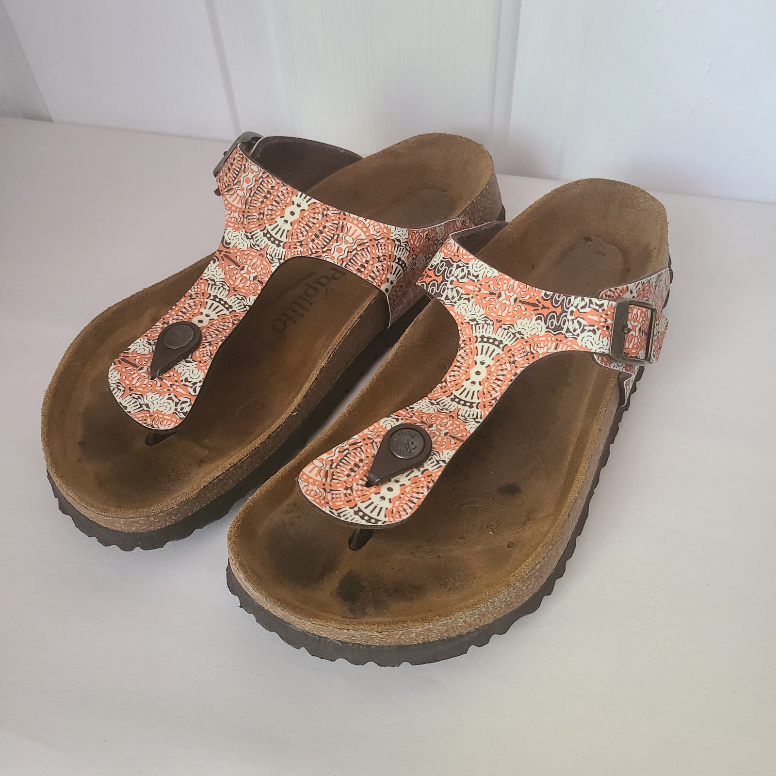 Papillio Birkenstock Gizeh Sandals Womens 9 US 40 Coral Cork Boho Flowers Tribal