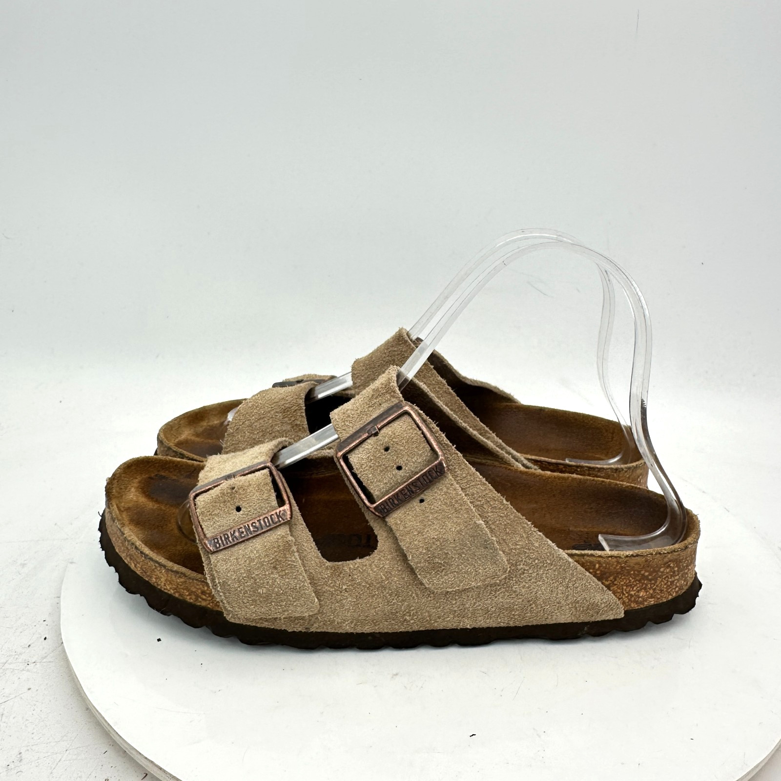 Birkenstock Arizona Women Size 7 Cream Brown Suede Leather Slide Buckle Sandal