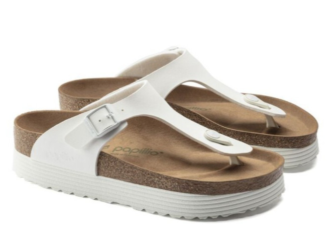 PapilliobyBirkenstock Gizeh Platform Sandals White Leather Cork Footbed Comfort