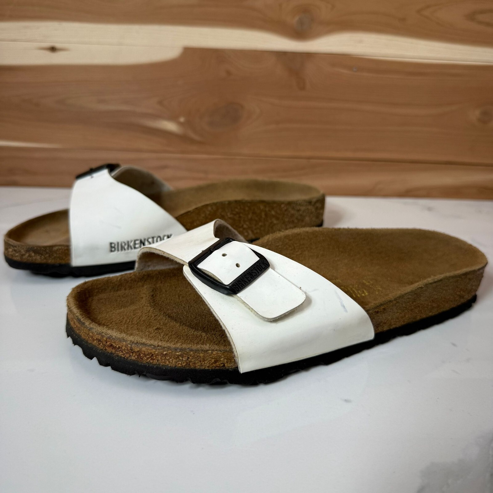 Birkenstock Madrid Black Faux Leather White Sandals Size 35 Narrow-Women’s 4/4.5