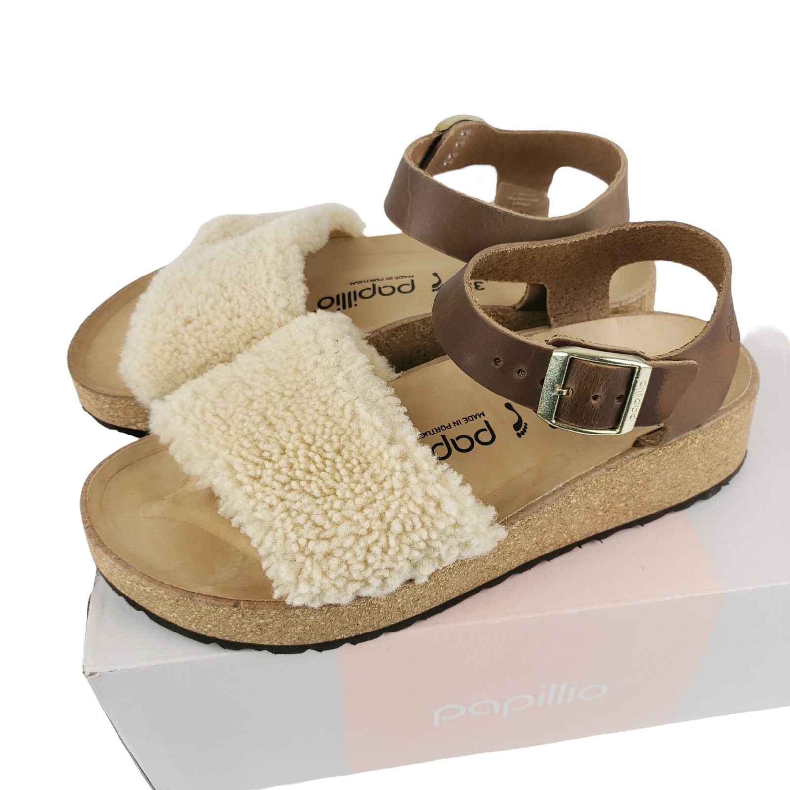 BIRKENSTOCK Papillio GLENDA TEDDY Shearling Leather Sandals EGGSHELL NARROW FIT