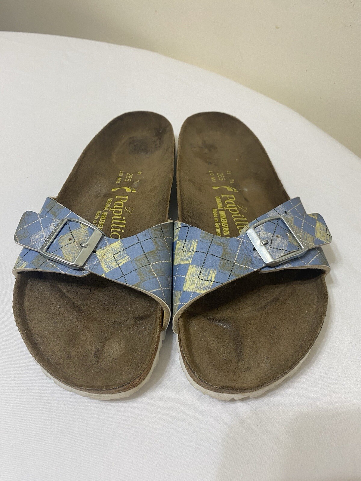 Birkenstock Papillio Madrid Blue Plaid Single Strap Sandal Slides Women’s Sz 10