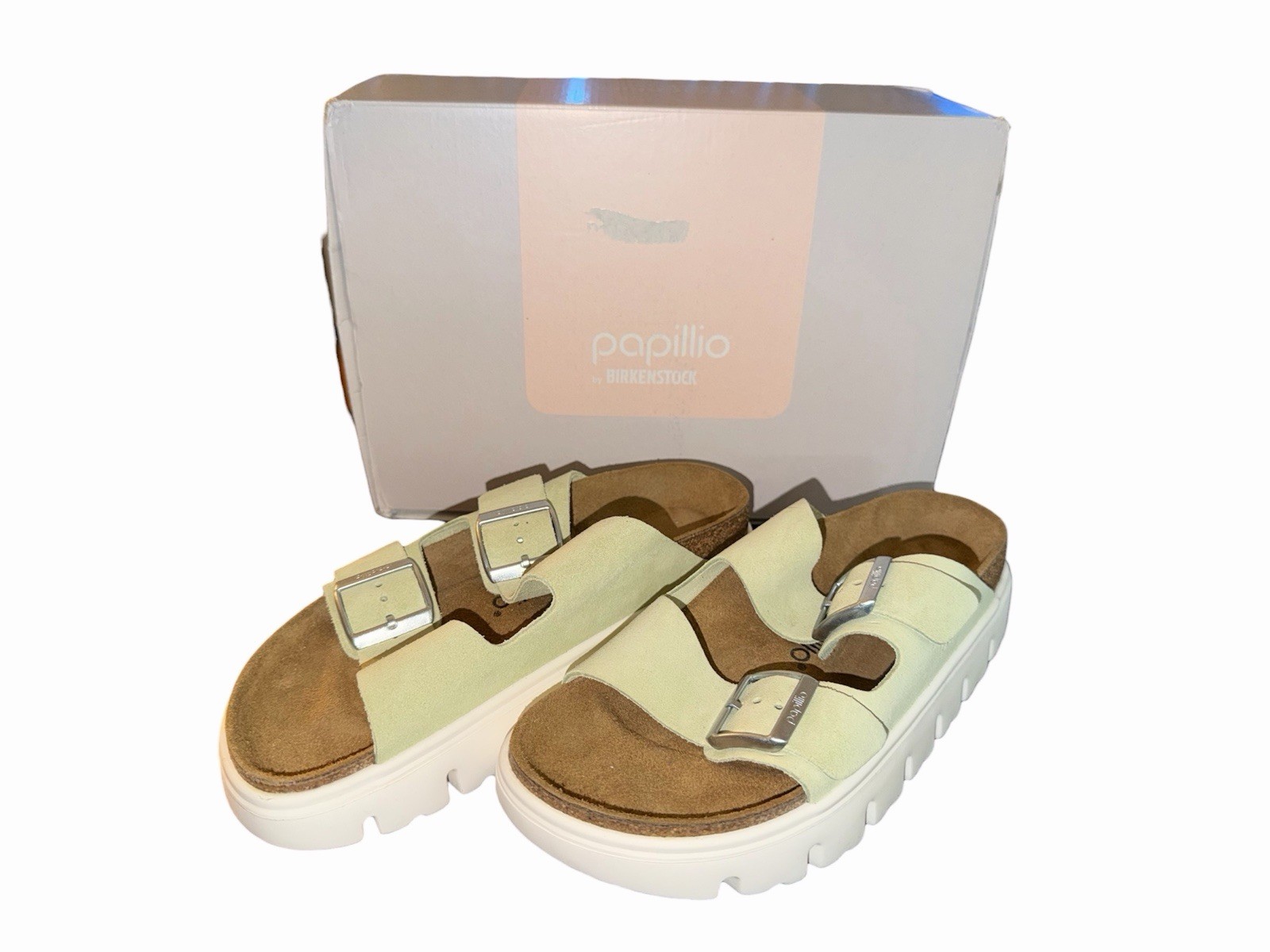 Birkenstock Papillio Arizona CPlatform Sandals Size EU 39 Slide Faded Lime Suede