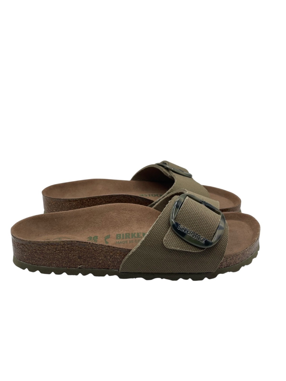 Birkenstock Madrid Vegan Big Buckle Textile Faded Khaki Sandals Sz 38 US 7