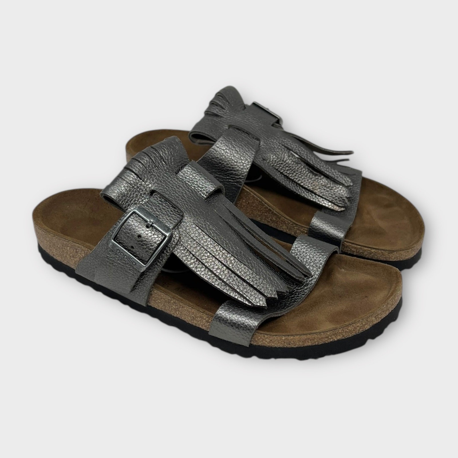Birkenstock Papillio Maddie Fringe Metallic Leather Slide Sandals Size 39