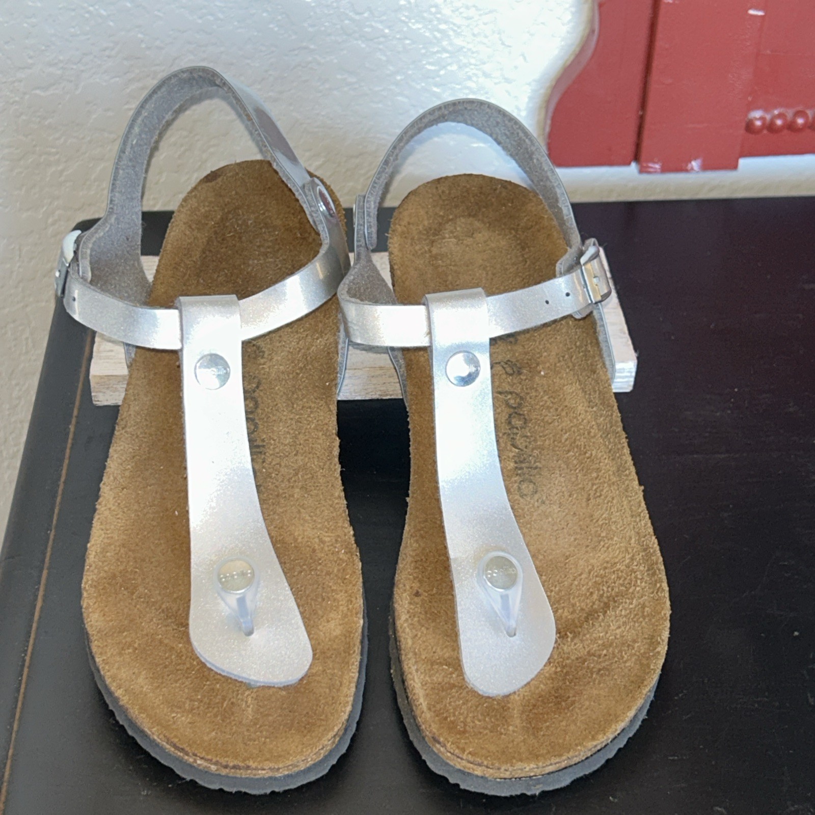 Birkenstock Papillio 39 ASHLEY Wedge T Strap Thong Sandals Silver Exceptional