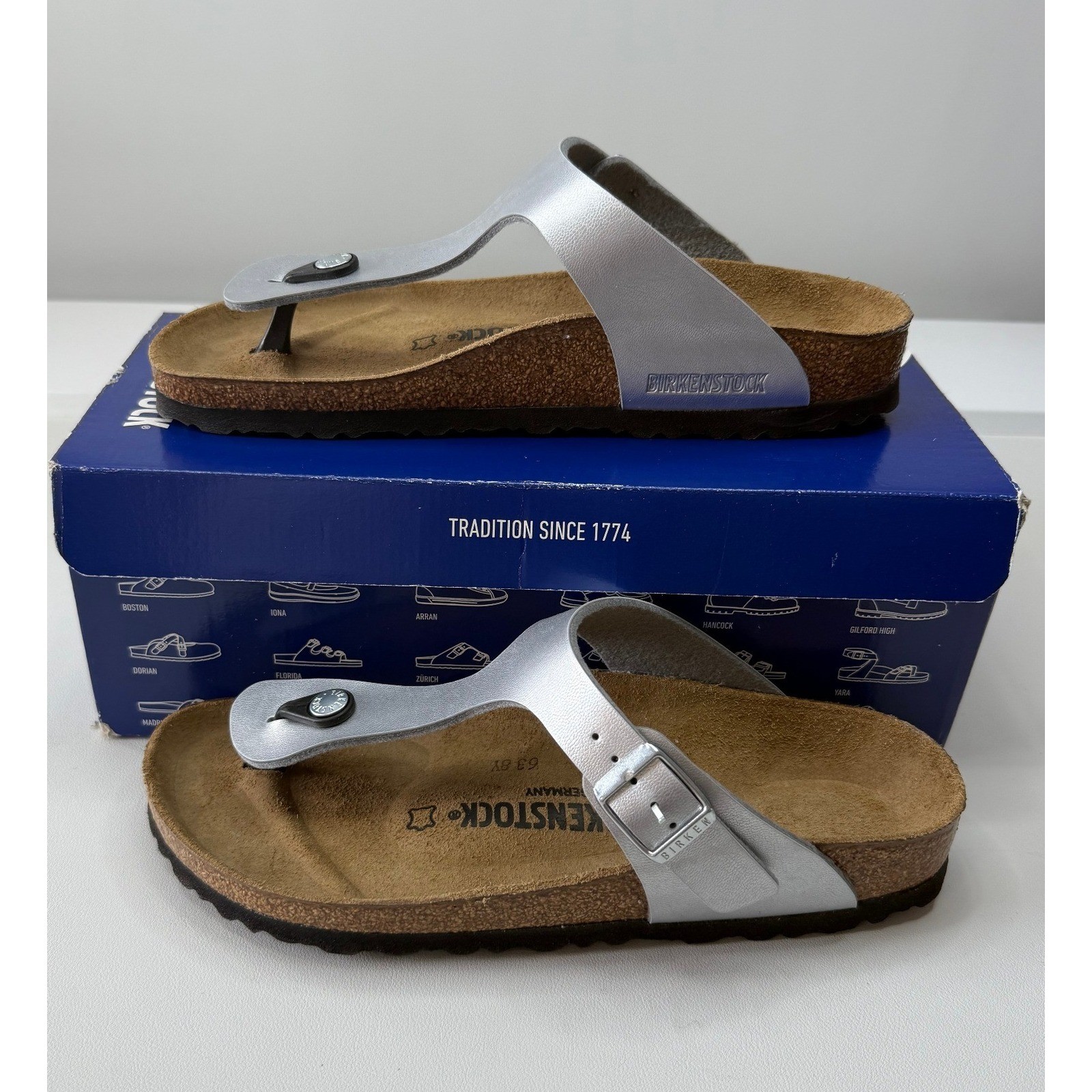Birkenstock Gizeh Silver Metallic Sandals Womens Narrow Euro 39 US 8 NWB