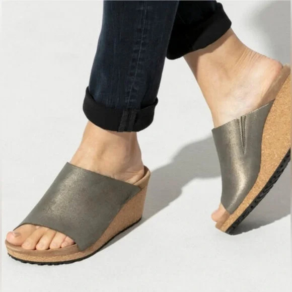 NWT *Birkenstock Papillio Namica Wedge Sandal Washed Metallic Stone Gold Sz 10.5