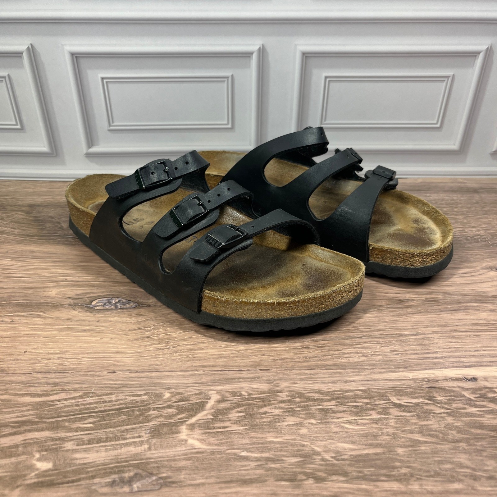 Birkenstock Florida Fresh Sandals Womens Black Birko-Flor Triple Strap Slide 40