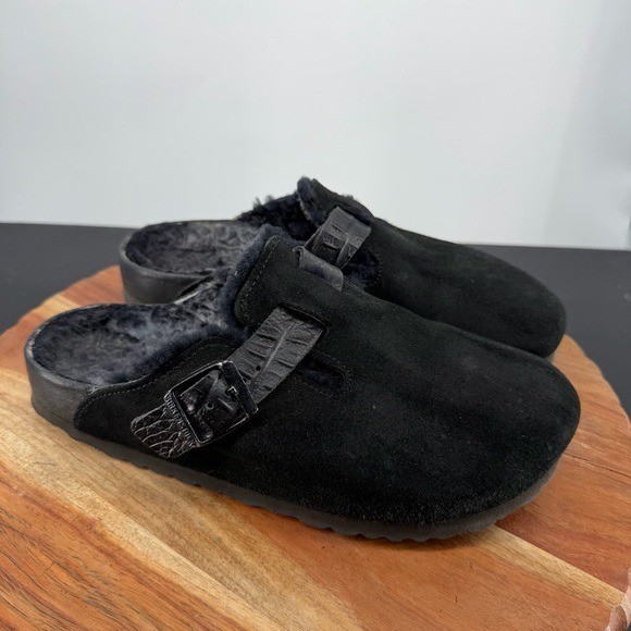 Birkenstock Boston Shearling clogs black suede tonal reptile-embossed strap 38 7