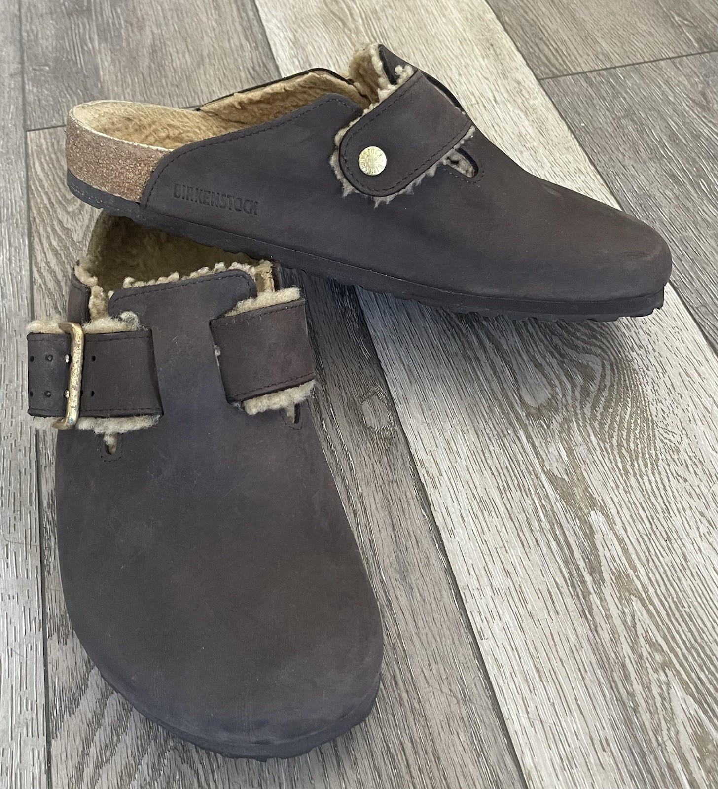$275 Birkenstock Boston Bold Shearling Espresso Nubuck Leather Clogs EU 45 US 12