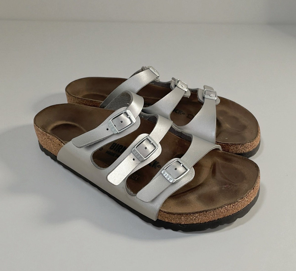 Birkenstock Florida Birko Flor Silver Buckle Strap Sandals Women US 9 EU 40 EUC