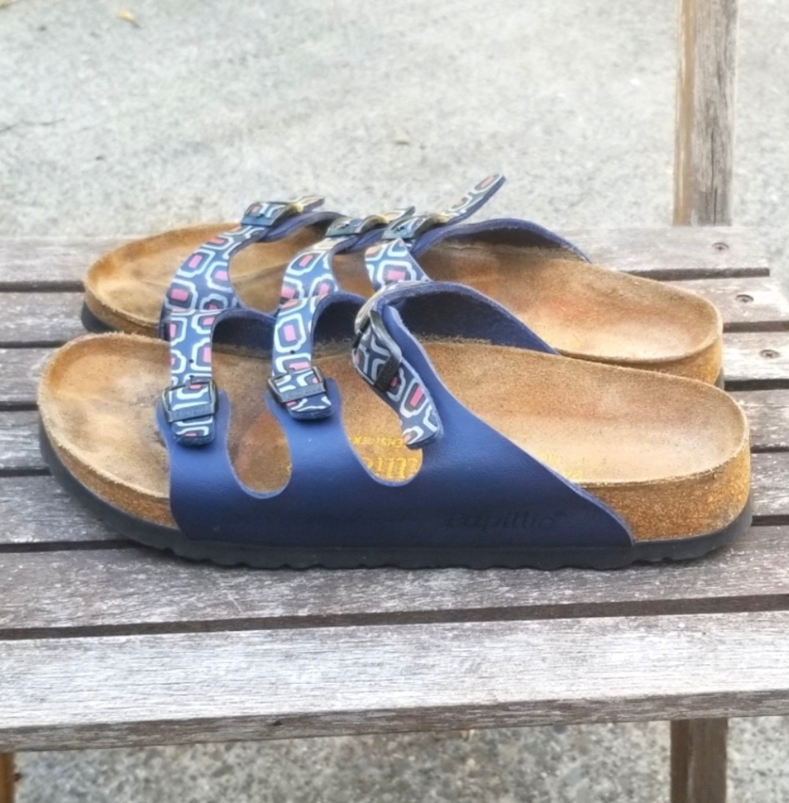Papillo Birkenstock Florida Sandals w/Red-orange, Gray & Navy Geometric Shapes