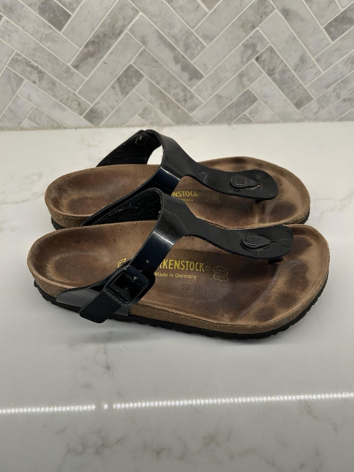 Birkenstock Gizeh Thong Black Leather Cork Flip Flops Slides Sandals Size 39