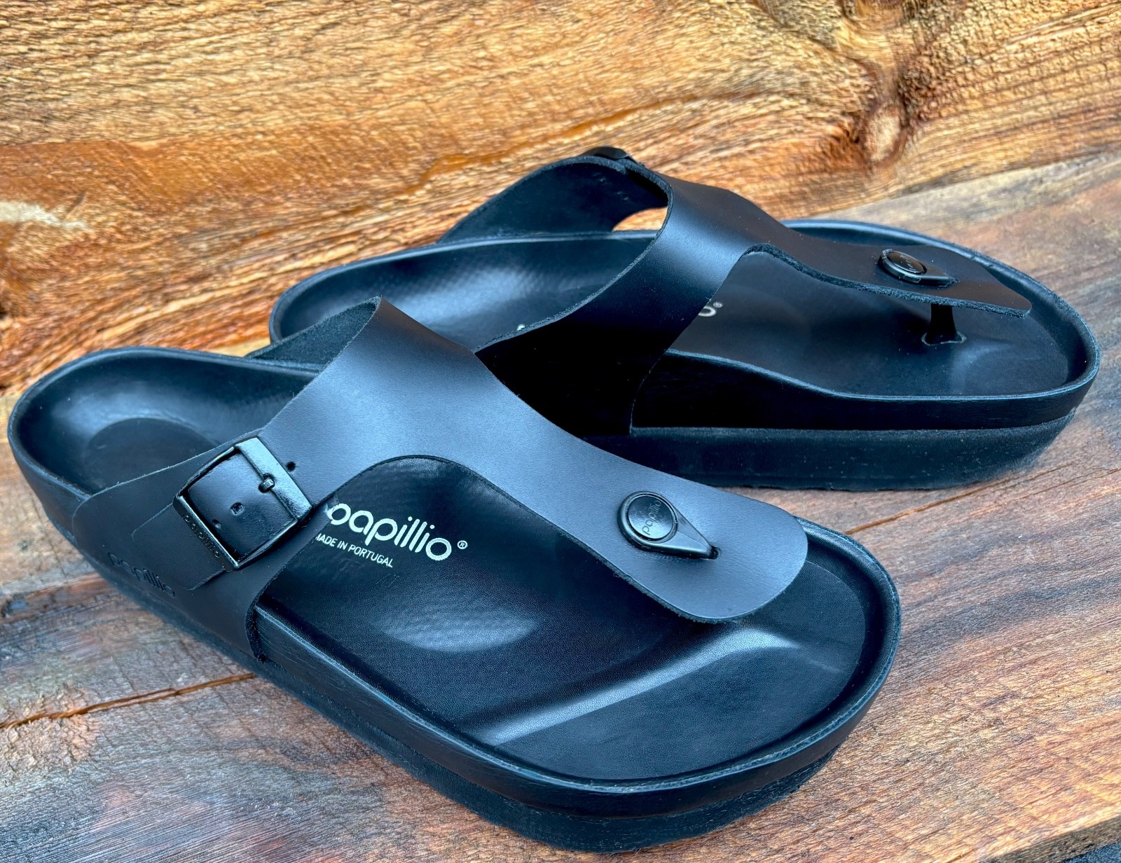 PAPILLIO by Birkenstock ‘Gizeh’ (42/11) Black Leather Platform Thong Sandals
