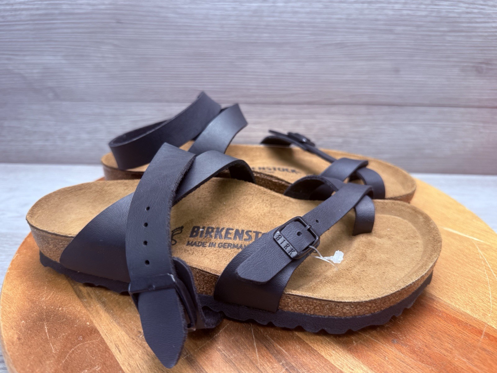 Birkenstock Mayari sandals, featuring crisscross straps and a toe loop. Womens 6