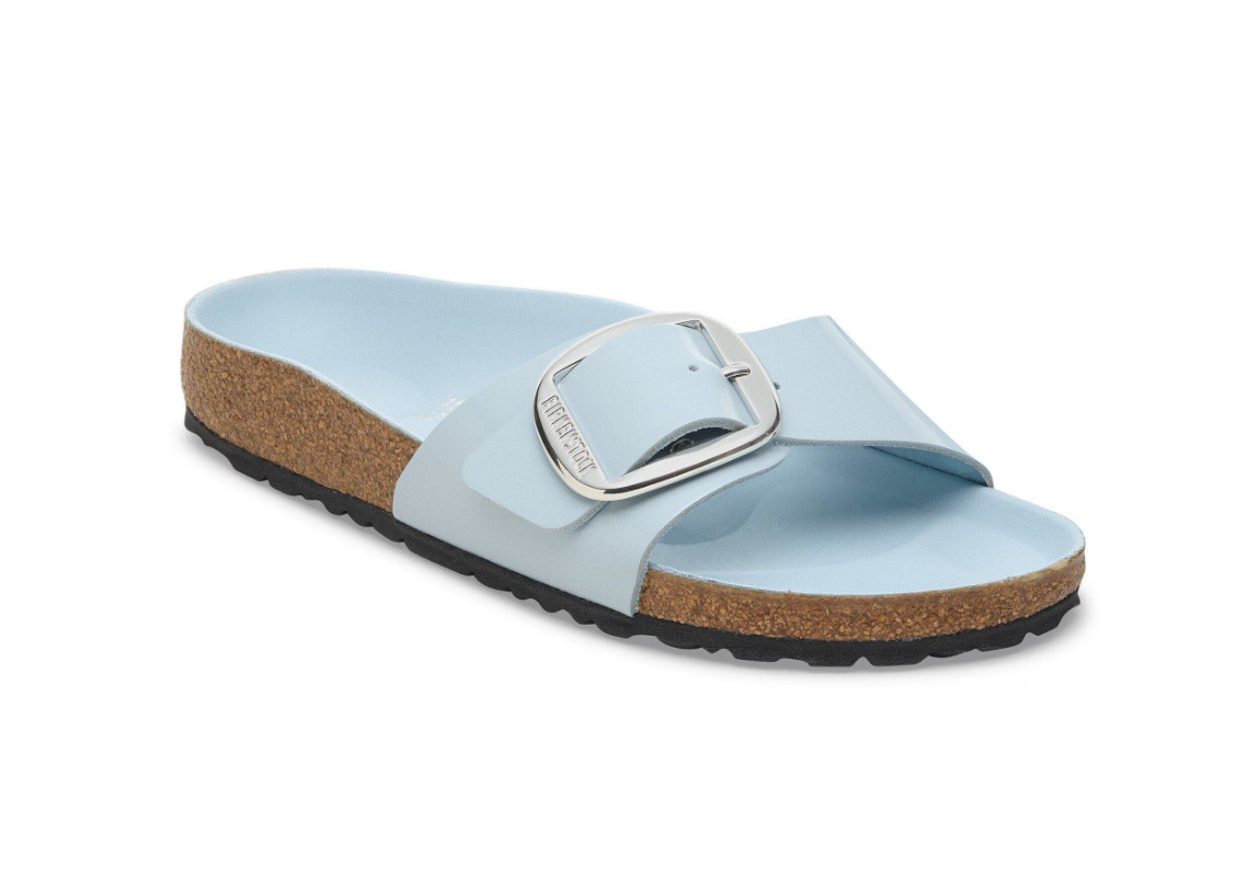 Birkenstock Madrid Big Buckle Leather Patent Medium/Narrow Shine Baby Blue Color