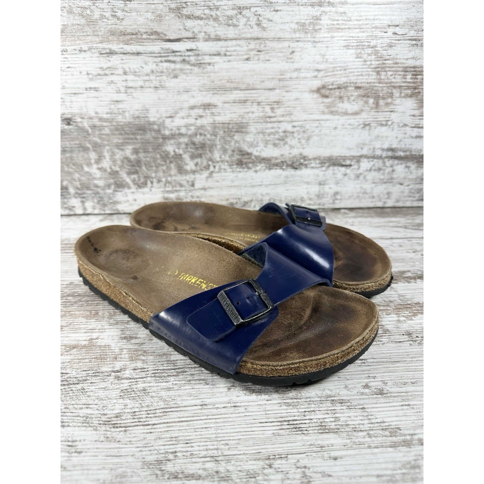 Women’s Birkenstock Madrid Blue Patent Leather Slide Sandals Sz EUR 40/US 9