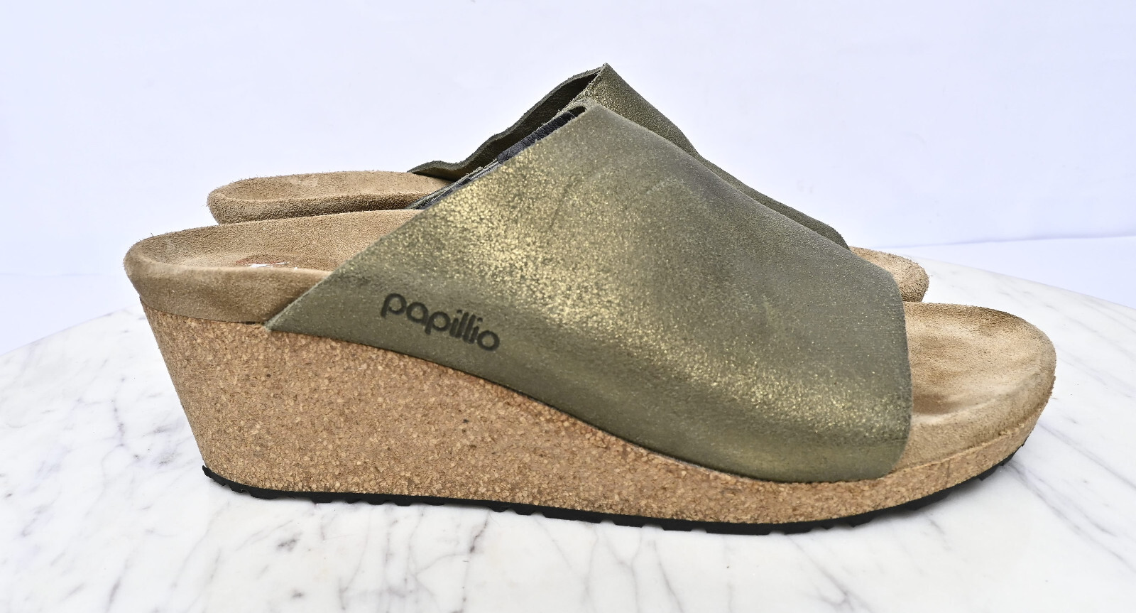 BIRKENSTOCK Papillio Namica Suede Metallic Green Leather Wedge Sandals Sz 42 11
