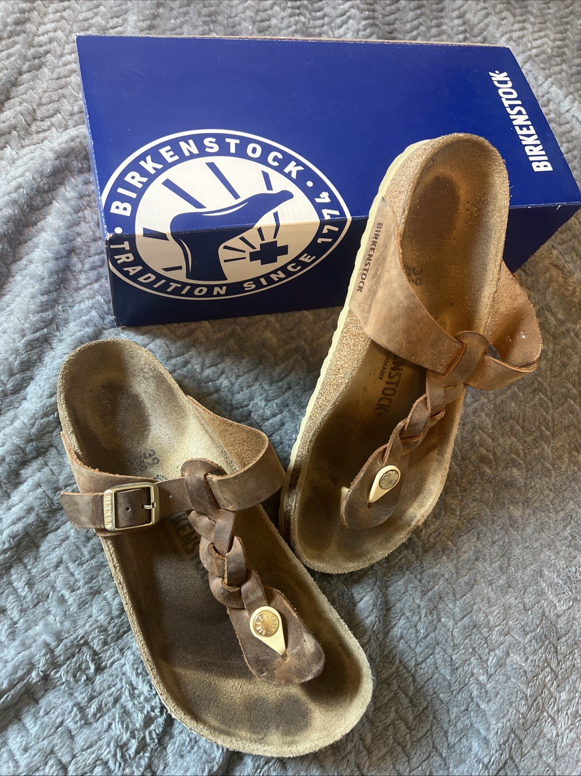 Birkenstock Used w/ Box Gizeh Braided Cognac Oiled Leather Regular Size 39/8-8.5