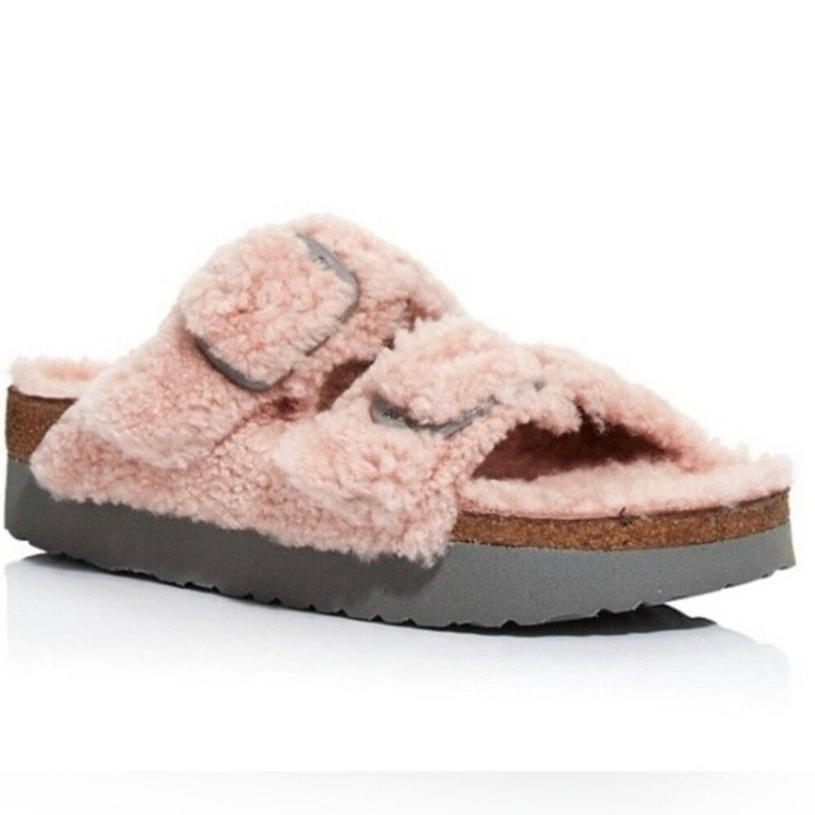 Birkenstock Papillio Baby Pink Gray Buckle Shearling Platform Sandal Size 37 Y2K