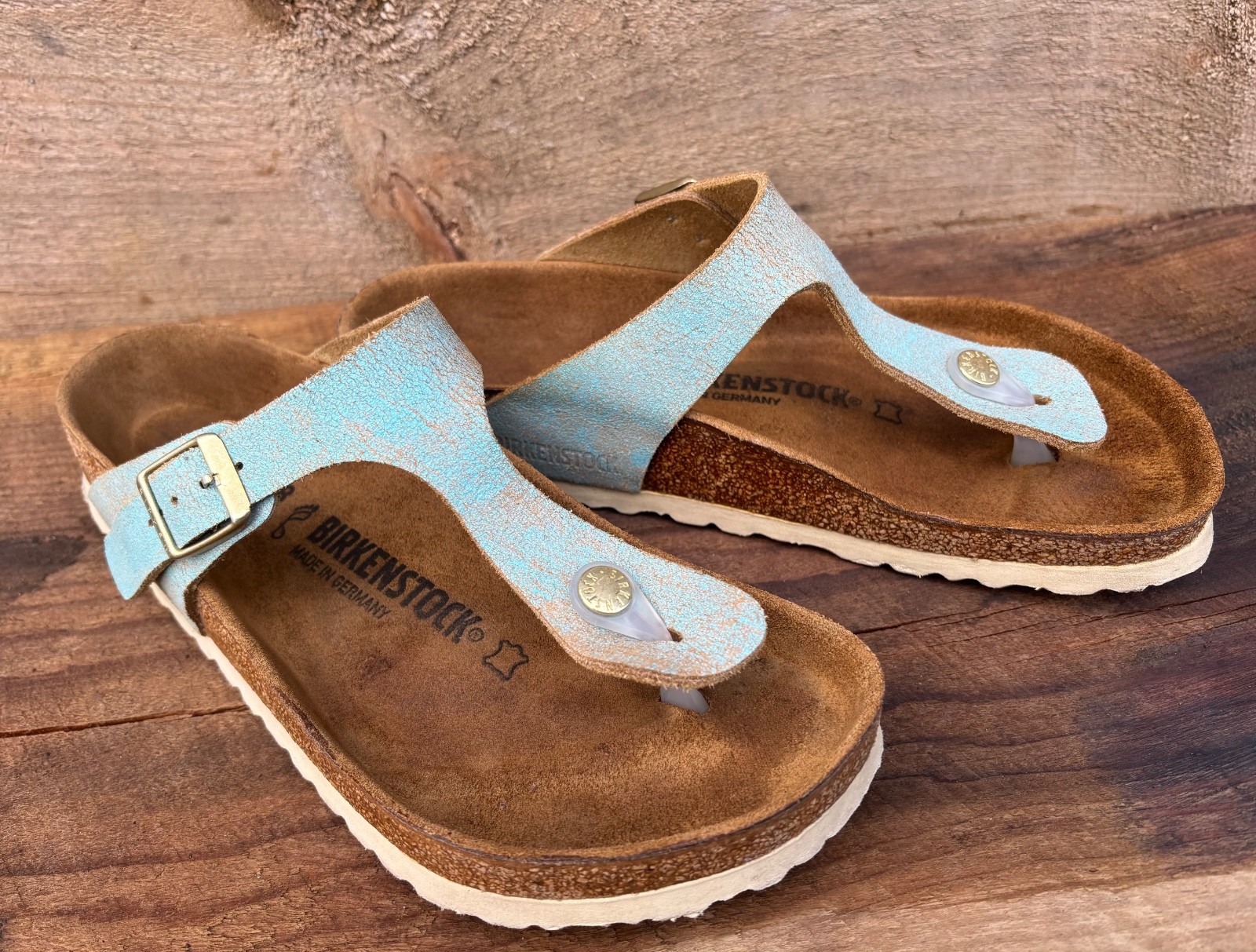 Birkenstock ‘Gizeh’ (38/7-7.5) Washed Metallic Aqua Blue Leather Thong Sandals