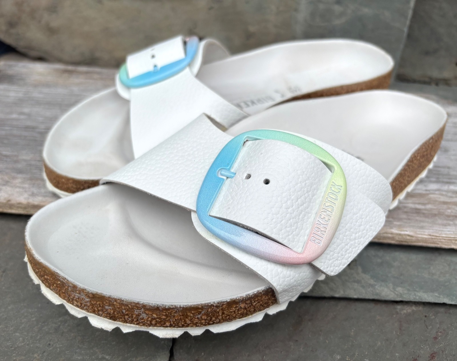 Birkenstock (40/9-N) MADRID White Leather Sandals Slides Pastel Big Buckle