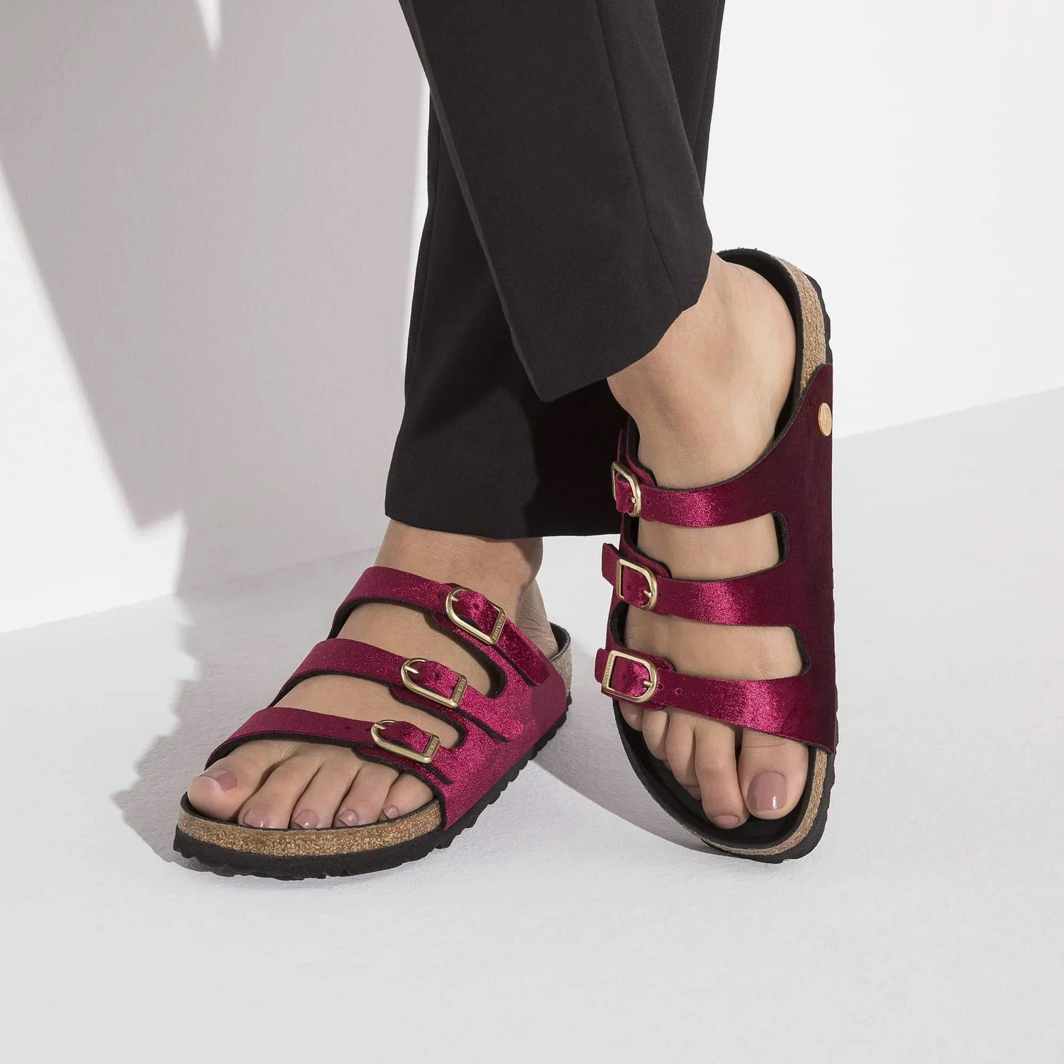 Birkenstock Florida Velvet Strap Exquisite Leather Footbed Sandals, Size 9, Reg